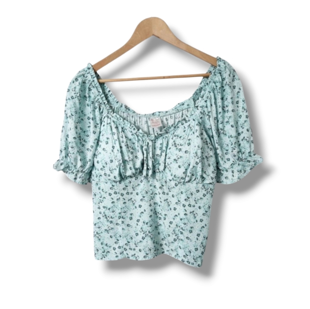 No Boundaries Floral Puff Sleeve Smocked Mint Green Peasant Top